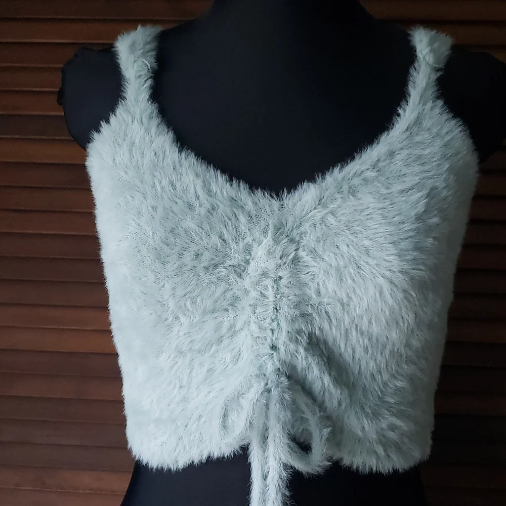 Wild Fable Fuzzy Mint Green Faux Fur Ruched Crop Top Women's Size Medium - Picture 3 of 12
